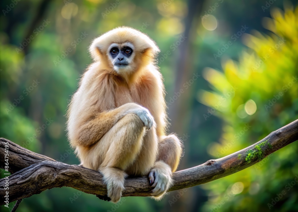 A majestic Northern White-cheeked Gibbon perches alone on a curved tree branch, showcasing its soft fur and gentle gaze in a serene forest setting. A majestic Northern White-cheeked Gibbon perches alone on a curved tree branch, showcasing its soft fur and gentle gaze in a serene forest setting.
