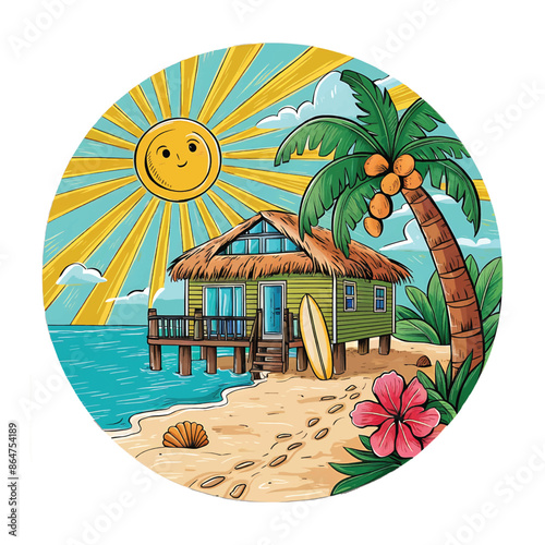 A house beside a beach ocean with surfing boat and coconut tree,summertime,sunshine and sunrise moment with flowers and trees. a nice place to travel.vector file t-shirt design photo