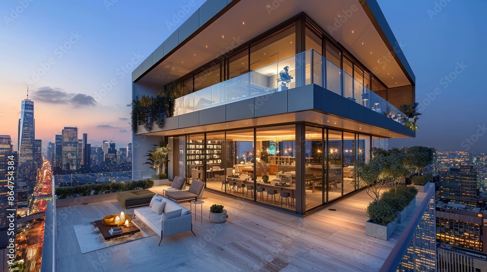 A large, modern apartment building with a rooftop terrace A large, modern apartment building with a rooftop terrace