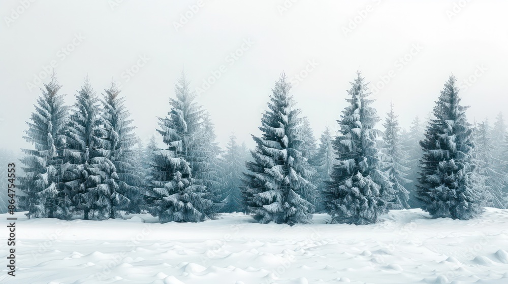 A row of pine trees covered in snow A row of pine trees covered in snow