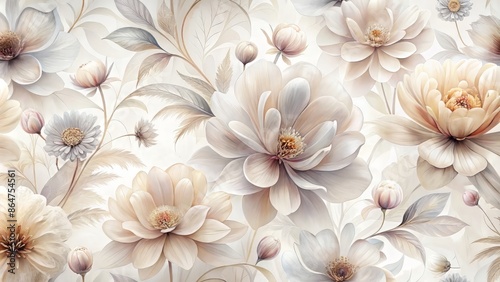 Fototapeta Naklejka Na Ścianę i Meble -  Ethereal semi-transparent flowers with delicate silky petals overlap on a pristine white background, creating a stunning artistic floral wallpaper with intricate textures.