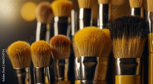 Yellow make up brushes, glasses women fashion items.