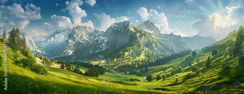 Beautiful green landscape with mountains and meadow in springtime, panoramic view. A photo of an idyllic countryside scene with rolling hills covered in lush grasses, and trees.  photo