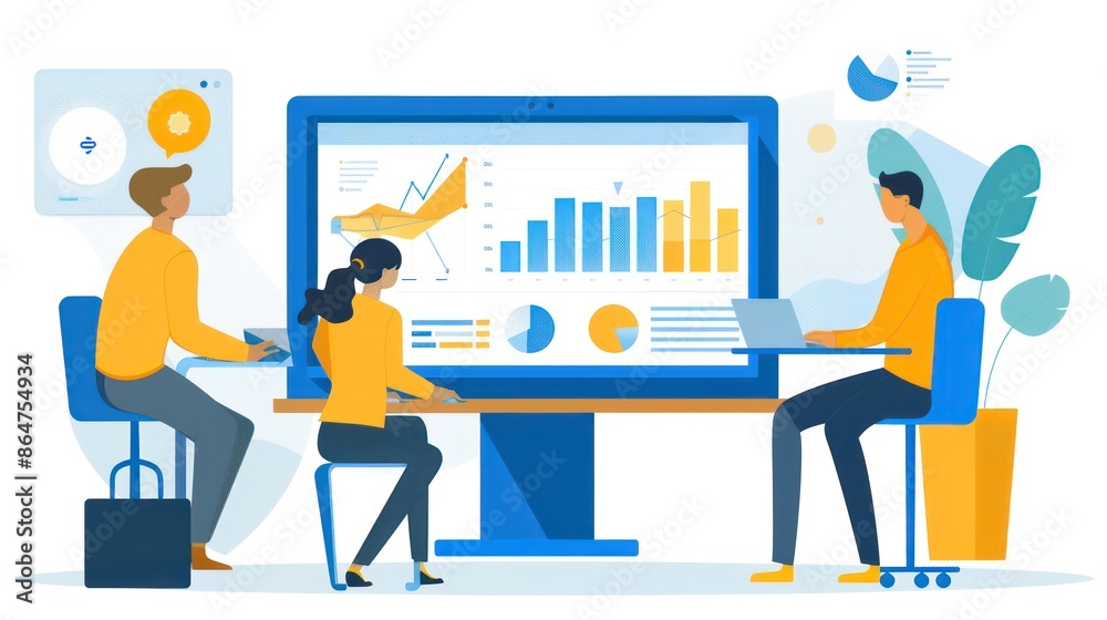 A group of people are working on a computer monitor with graphs and charts A group of people are working on a computer monitor with graphs and charts