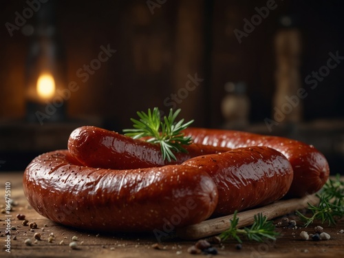 Smoked sausage on a wooden rustic table with addition of fresh aromatic herbs and spices, natural product from organic farm, produced by traditional methods. photo