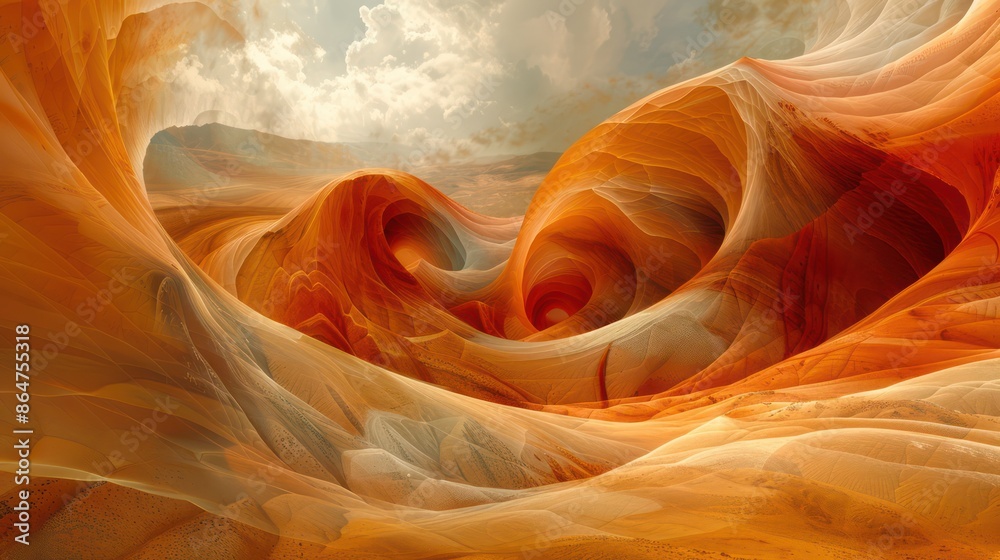 A painting of a desert with a large wave in the sand A painting of a desert with a large wave in the sand