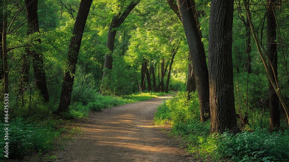 Naklejka premium Serene Forest Path Sunlight Filtering
