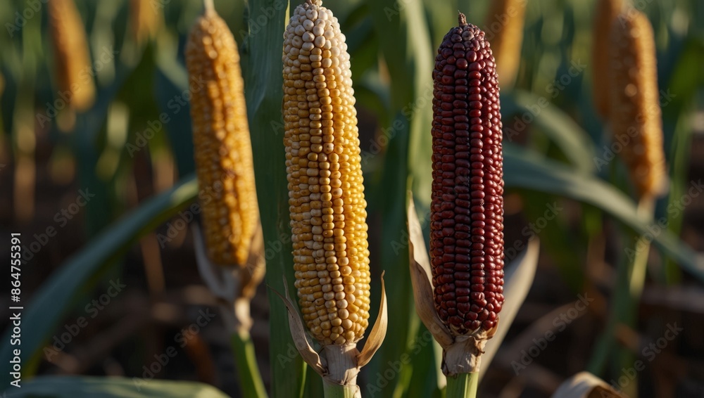 Indian corn on blurred farm field background with copy space, close up, concept of autumn harvest, October festival, Thanksgiving celebration. Indian corn on blurred farm field background with copy space, close up, concept of autumn harvest, October festival, Thanksgiving celebration.