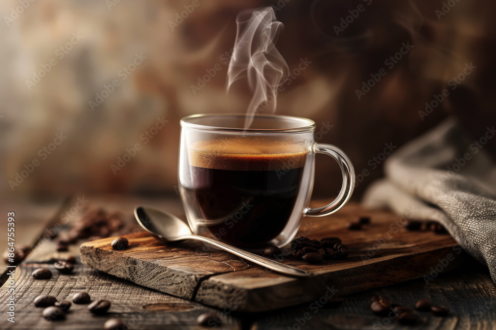 Glass cup of black coffee on scattered coffee beans displayed on wooden table.