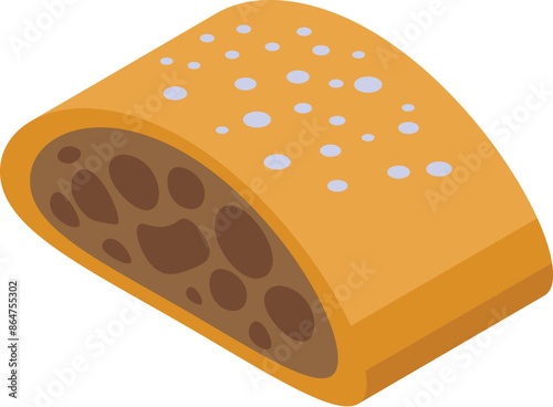 Isometric view of an apple strudel showing the delicious apple filling