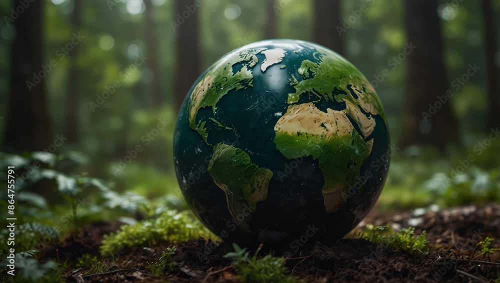 green planet Earth on the forest ground, concept for environmental protection and World Environment Day background with copy space. green planet Earth on the forest ground, concept for environmental protection and World Environment Day background with copy space.