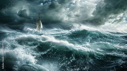 Sailboat Battling Stormy Ocean Waves