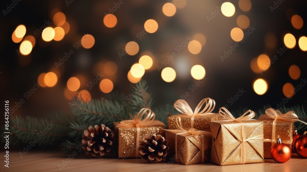 Sparkling Christmas Presents with Pine Branches and Festive Lights Sparkling Christmas Presents with Pine Branches and Festive Lights