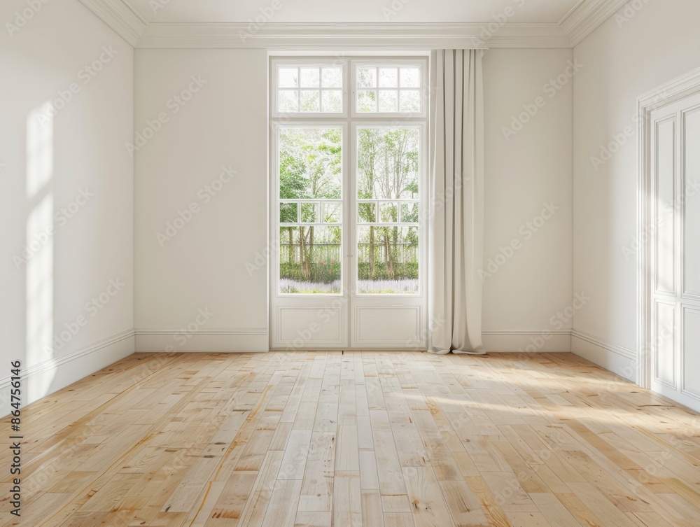 Empty white living room with only a few pieces of furniture, small Windows looking out onto the garden, wooden floors, natural light Empty white living room with only a few pieces of furniture, small Windows looking out onto the garden, wooden floors, natural light
