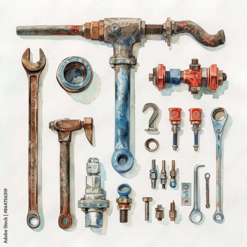 Fototapeta premium Vintage Industrial Tools and Hardware Collection on White Background - Wrenches, Valves, Bolts, and Fittings