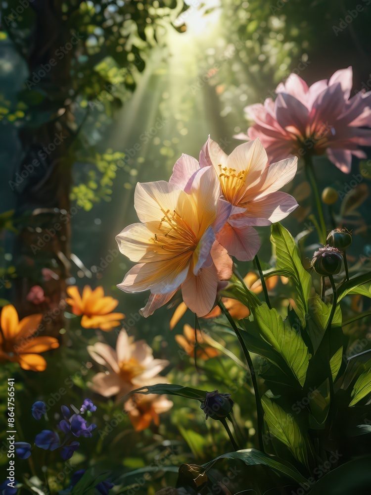 Sunlit Flowers in a Lush Forest. Sunlit Flowers in a Lush Forest.