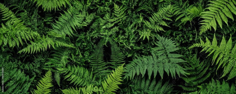 A close-up image of vibrant green fern fronds growing densely in a forest setting A close-up image of vibrant green fern fronds growing densely in a forest setting