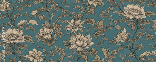 A seamless wallpaper pattern featuring white and brown floral designs on a teal background