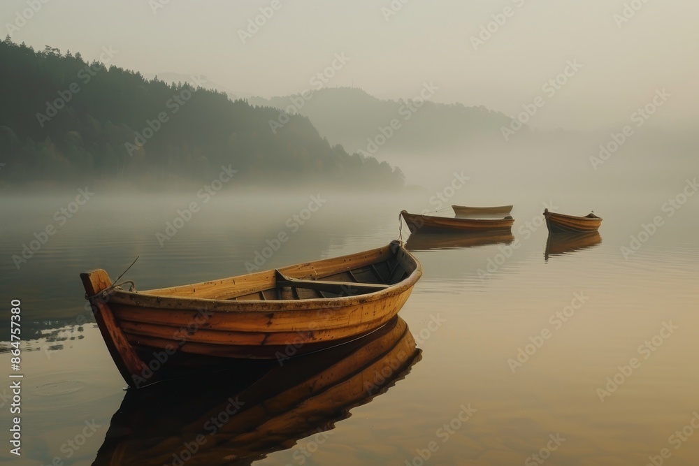 Obraz premium Three Wooden Boats on a Misty Lake