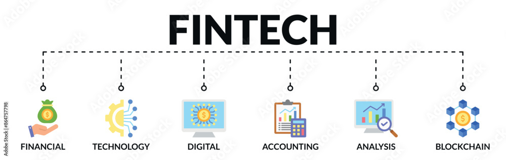 Banner of fintech web vector illustration concept with icons of financial, technology, digital, accounting, analysis, blockchain Banner of fintech web vector illustration concept with icons of financial, technology, digital, accounting, analysis, blockchain