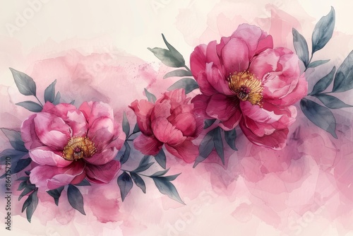 delicate flowering peonies, watercolor