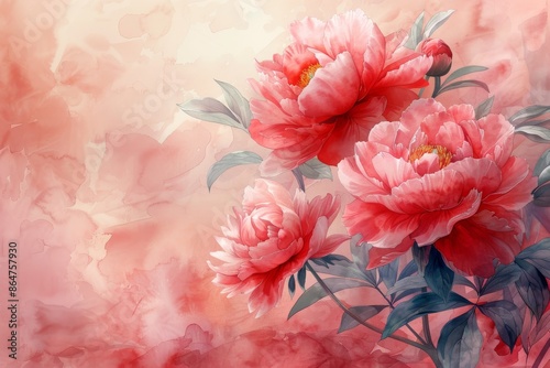 Red peonies on a pink background, watercolor, copy space
