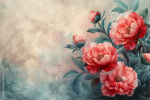Red peonies, watercolor, copy space