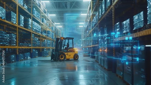 Futuristic warehouse logistics with an AI-driven forklift and augmented reality holograms optimizing storage processes, illustrating the use of AR in industrial logistics