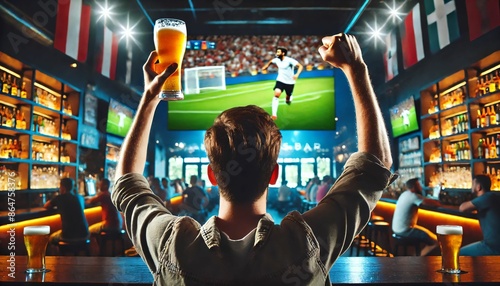 Man Celebrating with Raised Beer Glass at Sports Bar photo