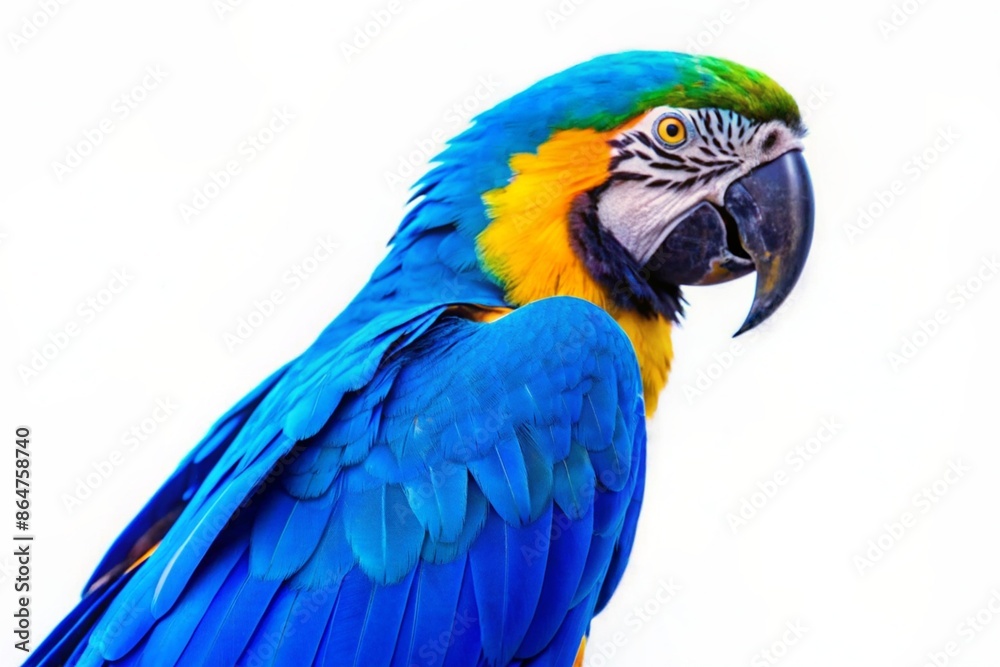 close-up of a flying blue and yellow macaw also known as blue and gold macaw on white background close-up of a flying blue and yellow macaw also known as blue and gold macaw on white background
