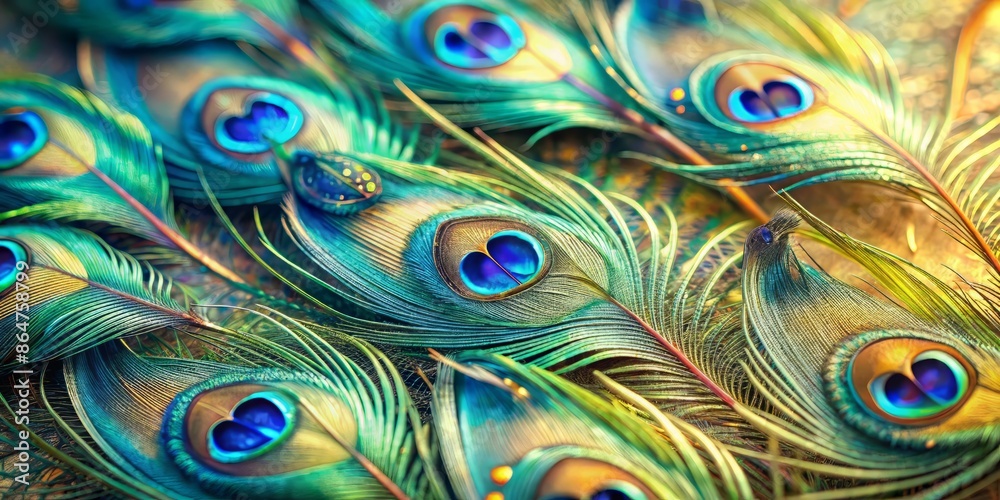 Obraz premium Vibrant closeup of iridescent peacock feathers with intricate eye-like patterns, shimmering blues and greens, set against a soft, creamy background for stunning wallpaper.