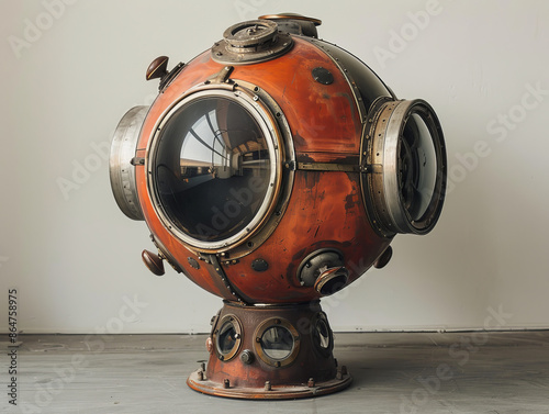 Antique diving suit helmet standing on floor
