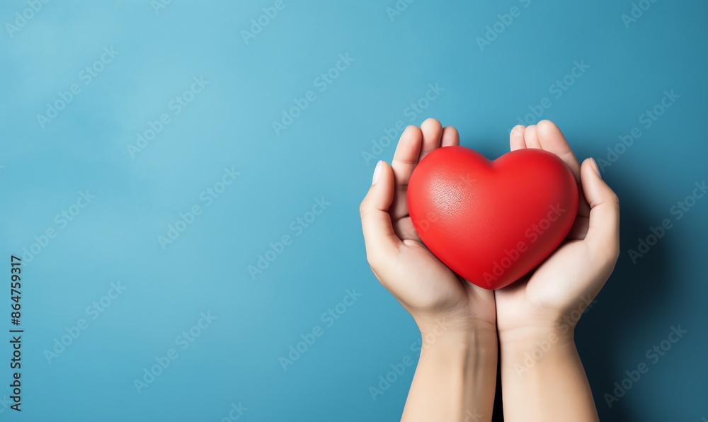 Fototapeta premium Hands Holding a Red Heart on a Blue Background
