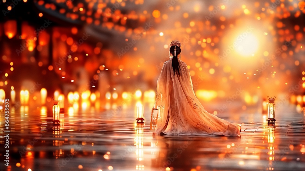 Ethereal Bride in Candlelit Water Reflection Ceremony, Mid-Autumn Festival Ethereal Bride in Candlelit Water Reflection Ceremony, Mid-Autumn Festival