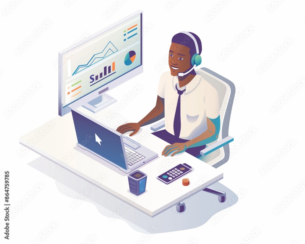 Isometric illustration of a man sitting at desk with laptop and headset, surrounded by icons for marketing analytics, charts, data visualization, simple white background. Isometric illustration of a man sitting at desk with laptop and headset, surrounded by icons for marketing analytics, charts, data visualization, simple white background.