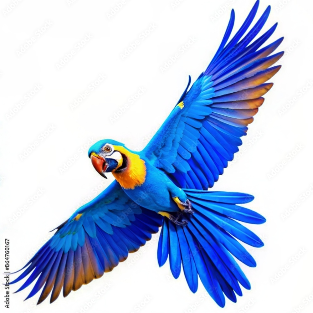Fototapeta premium close-up of a flying blue and yellow macaw also known as blue and gold macaw on white background