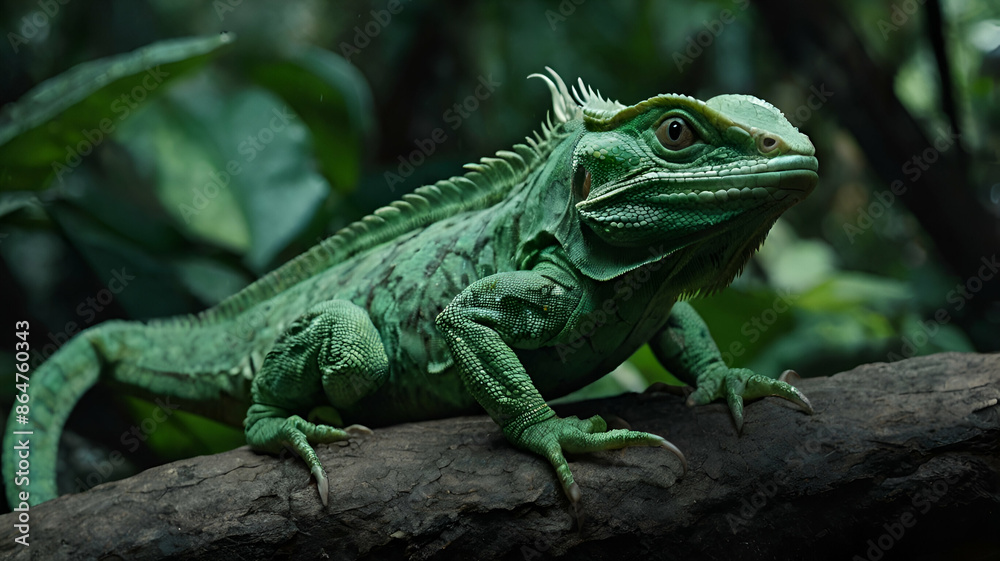 green basilisk leaning on a branch in jungle green basilisk leaning on a branch in jungle