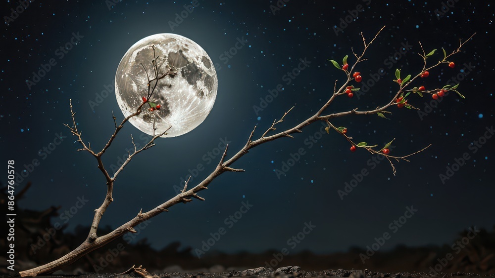 Naklejka premium Branch with red berries against a full moon and starry night.