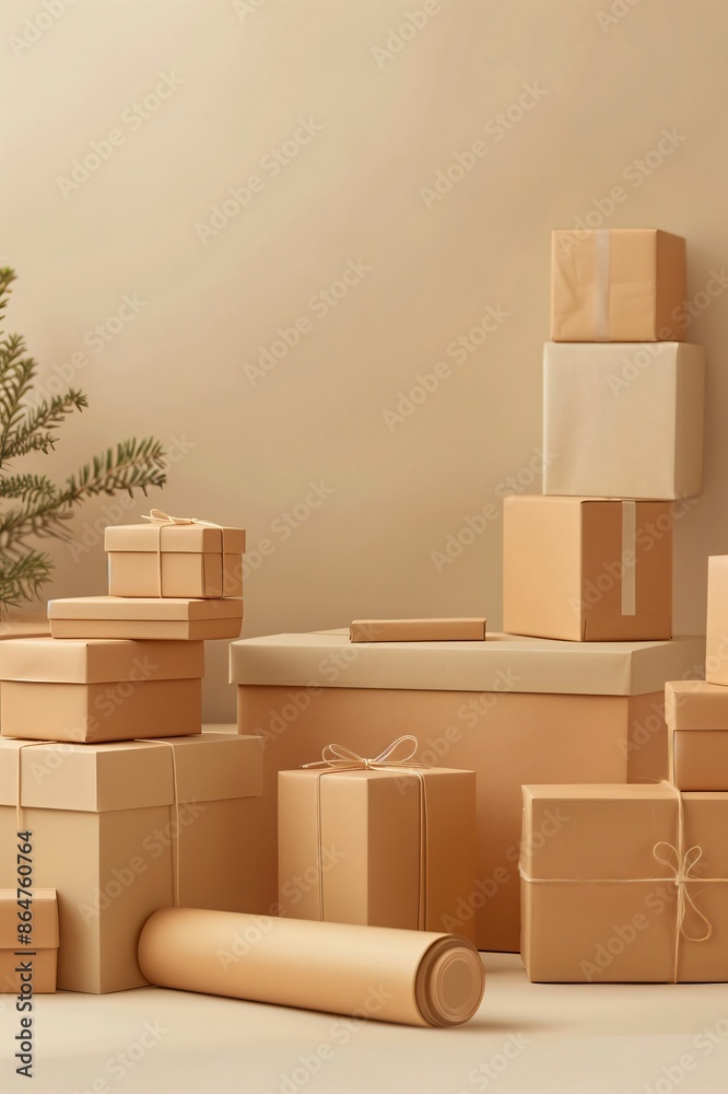 Christmas tree branch surrounded by stacked gift boxes wrapped in kraft paper Christmas tree branch surrounded by stacked gift boxes wrapped in kraft paper