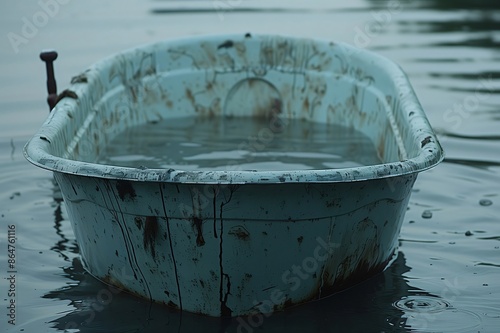 Old rusty washtub floating on water surface photo