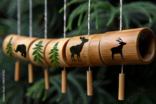 Bamboo wind chime hanging outdoors with animal silhouettes