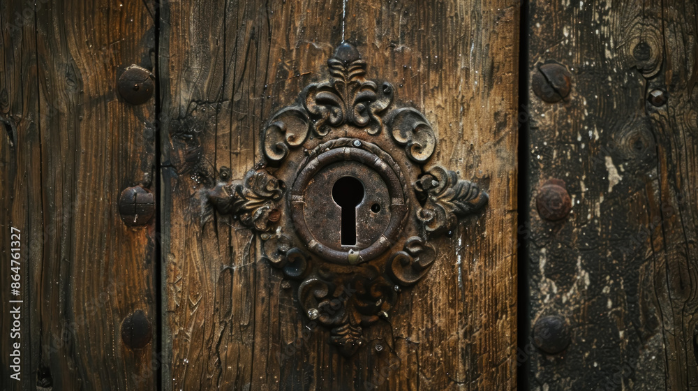 Ancient Wooden Door with Large Ornate Iron Key Ancient Wooden Door with Large Ornate Iron Key