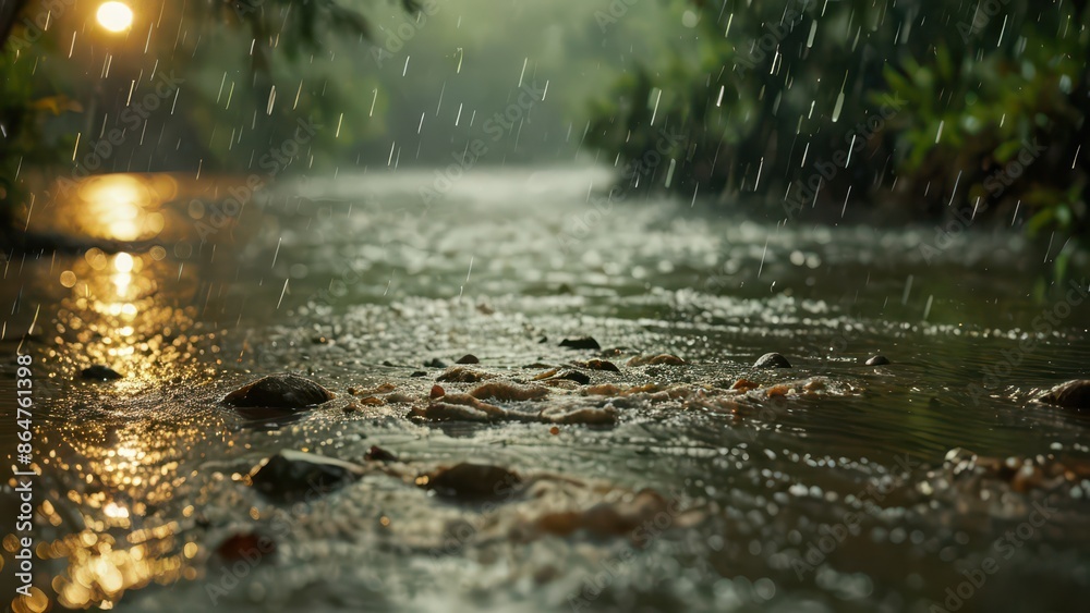 Rain Falling On River With Golden Light Reflection. Rain Falling On River With Golden Light Reflection.
