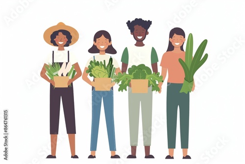 Vector Illustration on White Background, Happy gardeners with Vegetable Harvest.