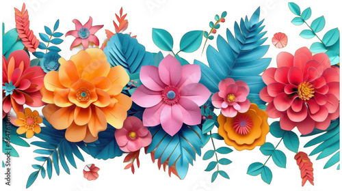 colorful paper flower border on a yellow background, transparent background png