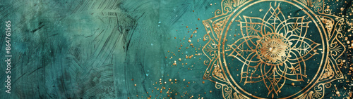 Ornate Golden Mandala Design on Textured Turquoise Background