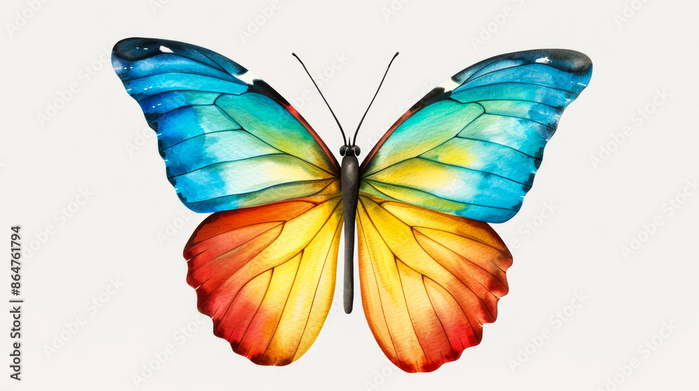 Fototapeta premium Watercolor illustration of a neon butterfly with iridescent cyans and luminous yellows, bright simple watercolour background 