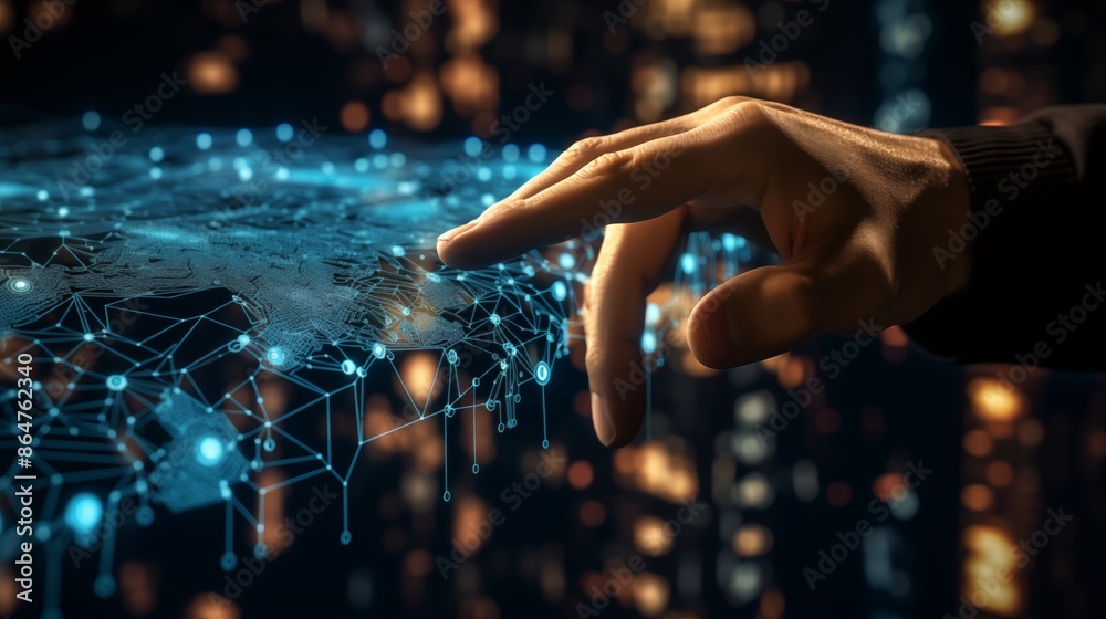 A Hand Interacting with a Digital Network Interface A Hand Interacting with a Digital Network Interface