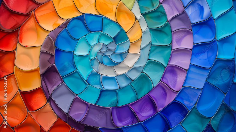 Fototapeta premium Watercolor illustration of a spiraling stained glass motif with shimmering aquas and vibrant magentas, bright simple watercolour background 