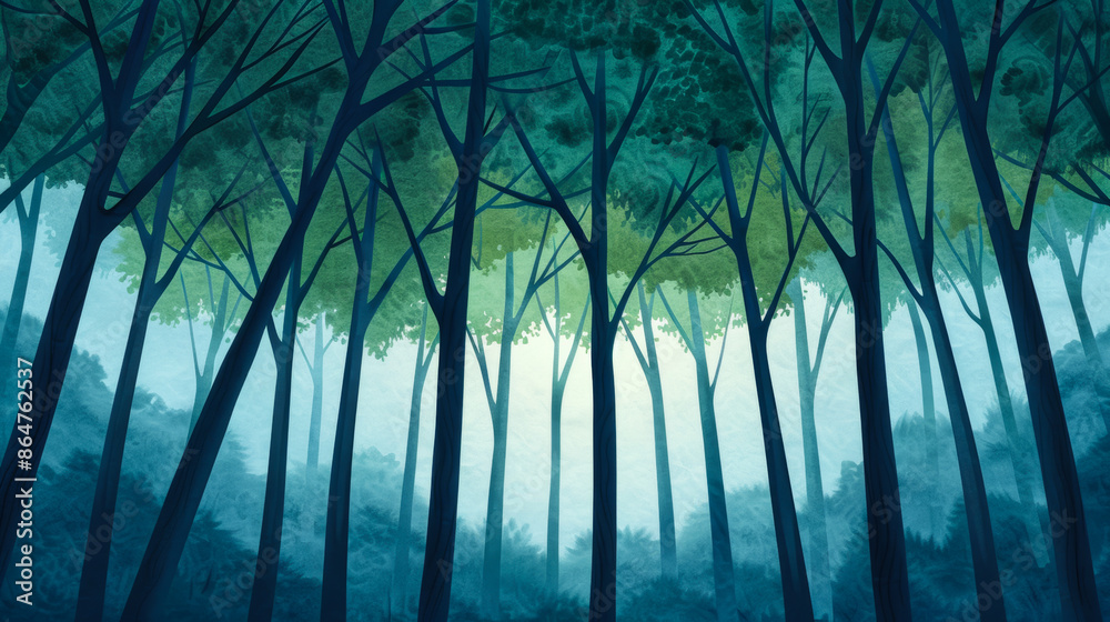 Obraz premium Watercolor illustration of a surreal forest canopy with luminescent emeralds and twilight indigos, bright simple watercolour background 